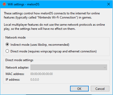 melonDS Wifi settings screen